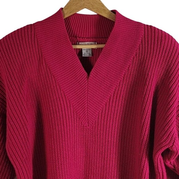 Lindsey Blake Chunky Knit Sweater Pink Med Long Sleeve V Neck Shoulder Pads VTG - Picture 2 of 6